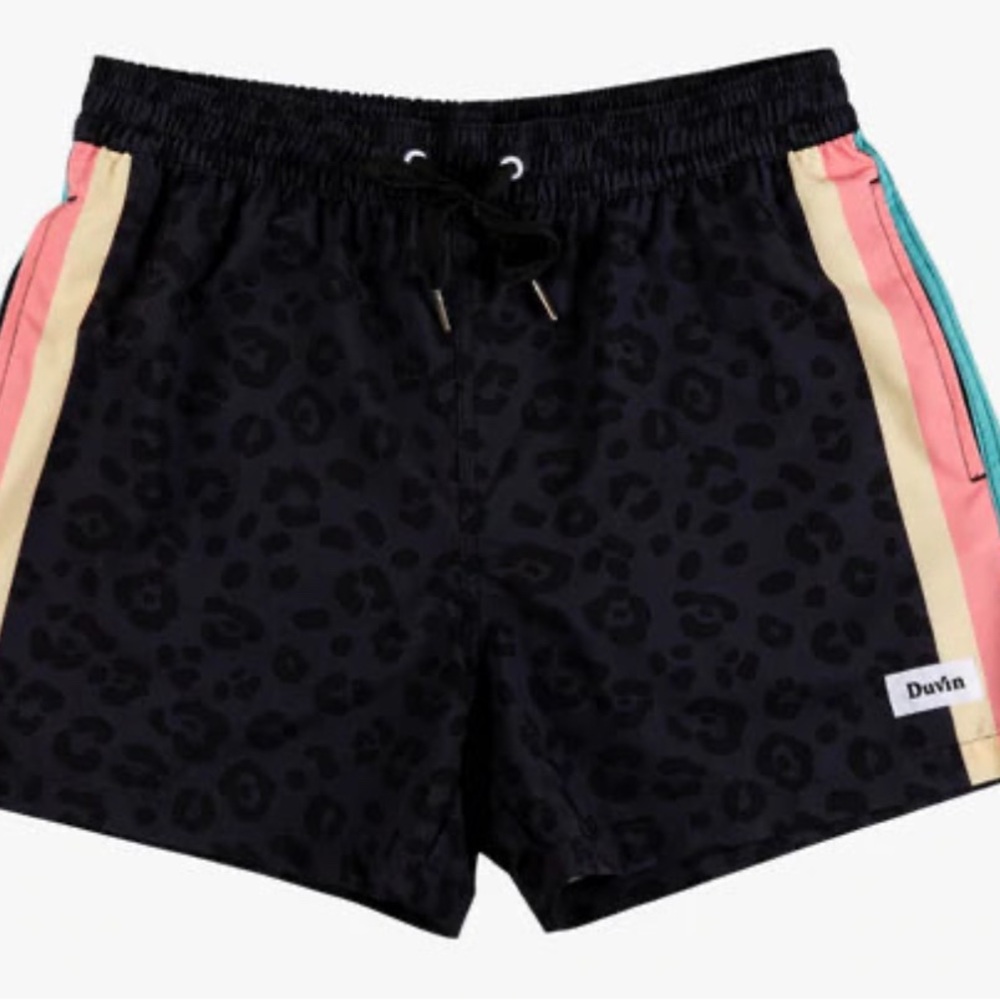 Duvin Black Leopard Print Swim Trunks